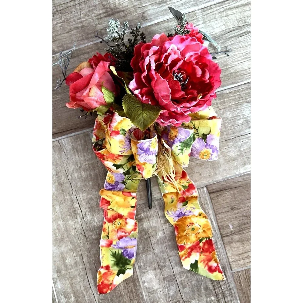 SPRING Flower BOUQUET Handmade Bow Coral Red Yellow Purple Peony Rose Zinnia